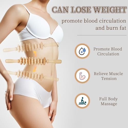 Liitrton Manual Wooden Massage Roller Stick for Muscle Relief, 9‑Wheel | Smooth Body Roller, Wood Therapy Massage Tools for Trigger Point Relief, Legs Sore Muscle Recovery - size: 15.35 Inch (Pack of 1)