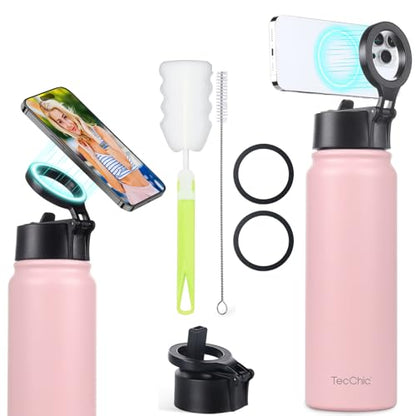 Insulated Water Bottle with Magnetic Phone Holder Compatible with MagSafe and iPhone,Double-Sided Magnet,Hot 12H Cold 24H,Stainless Steel Water Bottle Phone Mount for Sports Travel,27oz (Pink) - color: Pink