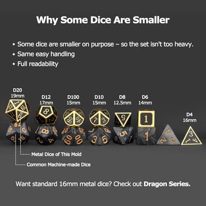 Haxtec Metal DND Dice Set, 7 Pcs Black Polyhedral Dice for Table Games | Gold Number D&D with Leather Bag, Compatible with Dungeons and Dragons, Enamel Heavy Metallic, RPG Gifts for DND Lovers - color: Gold Black