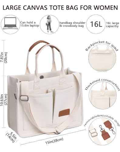 ZHMO Canvas Tote Bag for Women,Women's Bags Crossbody Bags Work Laptop Tote Bag Large Handbags Purse for Travel Nurse Teacher - color: Beige With Compartments