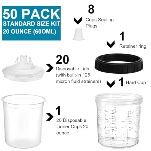 Yesland Disposable Paint Sprayer Mixing Gun Cup Liners and Lid System for Automotive Paint Gun, 20 Pack Paint Cups 20 Ounce (600ml) Kit, 20 Lids with Strainer, 8 Plugs, 1 Hard Cup with Retainer Ring