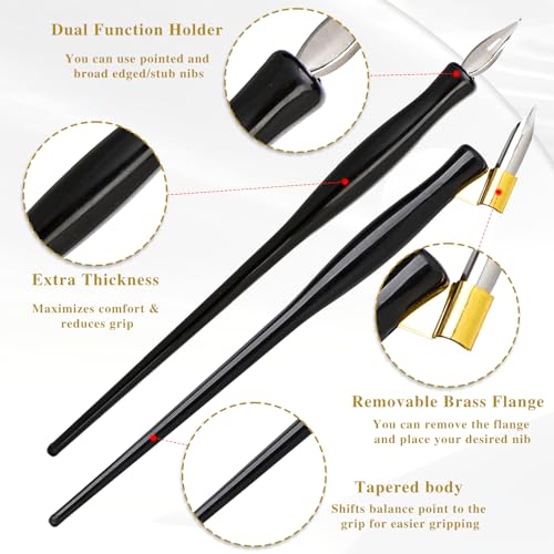 10PCS Oblique Calligraphy Dip Pen Set - 2-in-1 Drawing Pen Holder with 8 Pieces Stainless Steel Pen Replacement Nibs for Writing, Painting, Signing, Sketch - color: black
