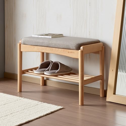 Oak Wood Shoe Bench, 24 Inch Entryway Bench with Gray Cushion - color: Natural + Gray Cushion, size: 23.62"