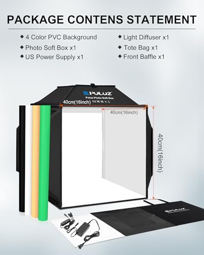 PULUZ Upgrade Light Box & Soft Box, 16"x16" Professional Shooting Tent with 480 LED Lights Photo Studio Light Box Photography with 4 Color PVC Backdrops for Jewelry and Product Photography - size: 16.0*16.0 Inch