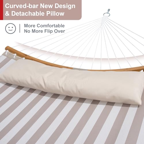 Double Hammock with Stand and Carrying Bag, Light Brown Stripe | Quick Dry Hammock with Curved Spreader Bars and Pillow, 450 Lbs Capacity, For Indoors, Patio, Garden - color: Zquick Dry-light Brown Stripe