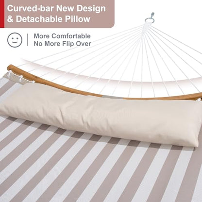 Double Hammock with Stand and Carrying Bag, Light Brown Stripe | Quick Dry Hammock with Curved Spreader Bars and Pillow, 450 Lbs Capacity, For Indoors, Patio, Garden - color: Zquick Dry-light Brown Stripe