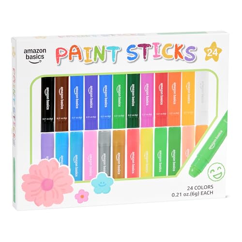Amazon Basics Tempera Paint Sticks for Kids and Students, Washable, Twist-Up Design, 24 Colors