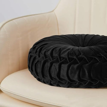 HIG Set of 2 Black Velvet Decorative Round Pleated Throw Pillows - color: Black