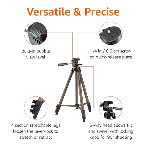 Amazon Basics 50-inch Lightweight Portable Camera Tripod Stand with Quick-Release Plate, Adjustable Height, Aluminum, for Travel Photography, Champagne - size: 50-in, style: Tripod Only
