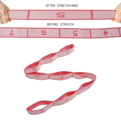 9 Loops Elastic Yoga Strap - Adjustable Stretching Band for Physical Therapy, Dance, Pilates & Gymnastics, Multi-Loop Exercise Band for Flexibility, Home Workout - color: Pink