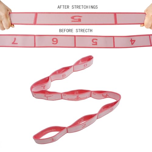 9 Loops Elastic Yoga Strap - Adjustable Stretching Band for Physical Therapy, Dance, Pilates & Gymnastics, Multi-Loop Exercise Band for Flexibility, Home Workout - color: Pink