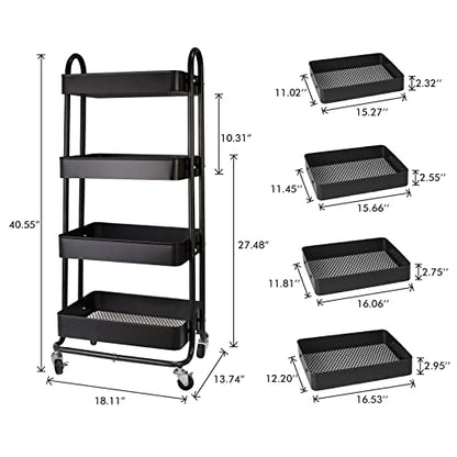 elabo 4-Tier Metal Mesh Utility Rolling Cart, Storage Organizer Trolley Services Cart with Lockable Wheels for Kitchen, Bathroom, Living Room (Black) - color: Black