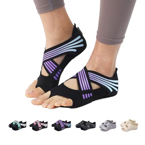 ABIRAM Pilates Grip Socks for Women - Non-Slip Toeless Yoga & Barre Socks - color: Purple, size: X-Large