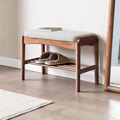 Solid Wood Shoe Bench, 24 Inch Entryway Bench with Light Gray Cushion - color: Walnut + Light Gray Cushion, size: 23.62"