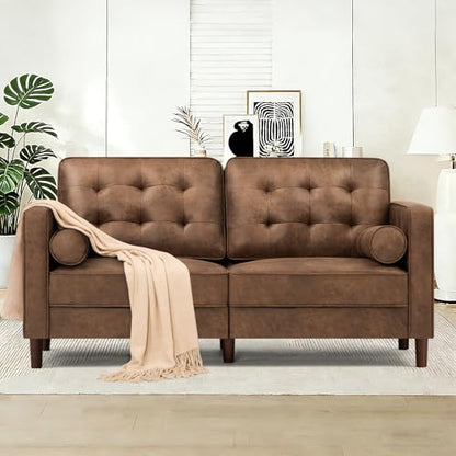 67" Suede Leather 2-seat Sofa with Two Bolster Pillows, Brown - color: Brown, size: 67" Loveseat