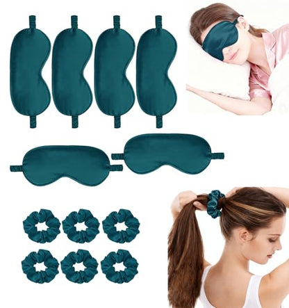 12Pcs Silk Sleep Masks Satin Eye Mask Silky Eyes Cover Blindfold Eyeshade Hair Ties Scrunchy Travel Bridesmaids Gifts - color: Peacock Blue