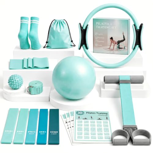 At Home Pilates Kit for Women, Home Workout Pilates Equipment Set with Pilates Ring, Ball, Pedal Resistance Band, Resistance Bands, Yoga Strap, Bag, Pilates Essentials Kit for Starter, Beginners