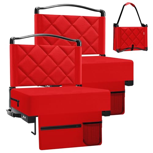 Stadium Seats with Back Support and Cushion Thick Padded Bleacher Chairs with Shoulder Strap, Portable Folding Stadium Seat Chairs for Bleachers Include Cup Holder and Side Pocket (Red, 2pcs) - color: With Pocket-red, size: 2pcs