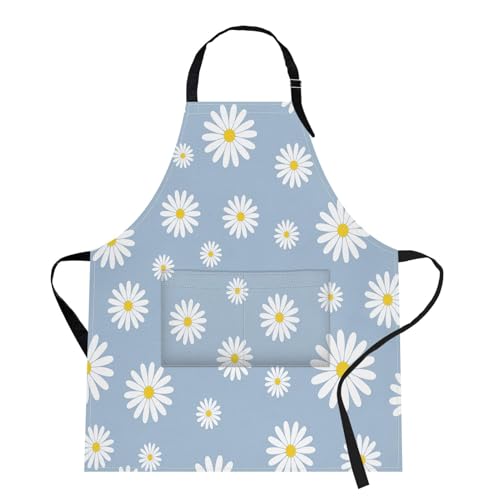 Apron with Pockets, 32x28 inch, for Women Men, Daisy Blue | Sky Flower Daisies Waterproof Adjustable Bib Aprons for Kitchen Cooking Baking Painting Gardening - color: Daisy