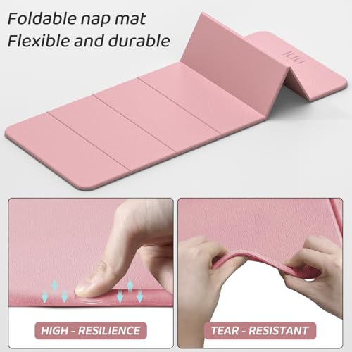ILILI Foldable Yoga Mat 71 * 24 * 0.3 Inch | Lightweight TPE Non Slip Exercise Mat, Waterproof Portable Fitness Mat for Home Gym, Pilates, Stretching & Daily Workouts - color: Light Pink