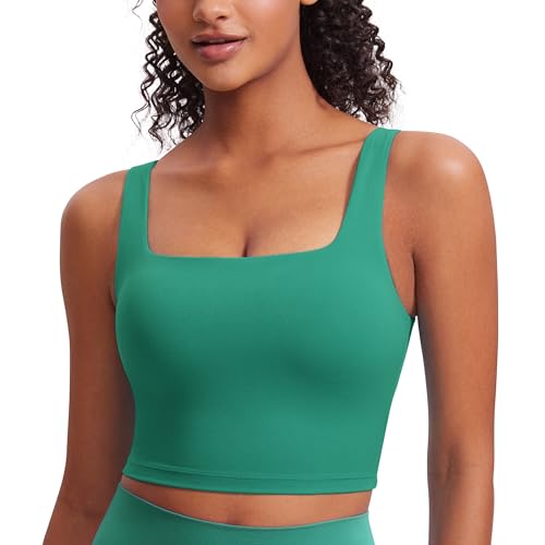 CRZ YOGA Butterluxe Square Neck Crop Tank Top | Built in Bra, Light Support, Removable Pads, Yoga, Extremely Soft, Wide Straps, Longline Sports Bras for Women - color: Cascadia Green, size: Small
