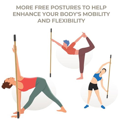 Bamboo Yoga Stick, 58.5-Inch Stretching Stick for Exercise | 58.5 in one-piece bamboo stretch bar with non-slip rubber ends for flexibility, posture, Pilates and therapy exercises