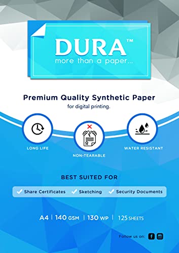 DURA Tear-proof Paper | White | A4 size | 140 GSM | 125 Sheets | For Digital Printing Purposes With Advanced Features & Longetivity - color: White