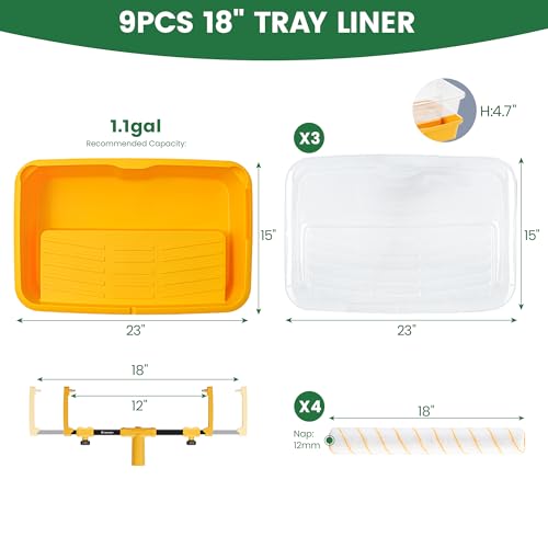 Voomey 18" Paint Roller kit，9 Piece 18 inch Paint Roller，18 Paint Roller Tray with Liner,Microfiber Paint Roller,Paint kit for House Painting - size: 18" Paint Roller Kit