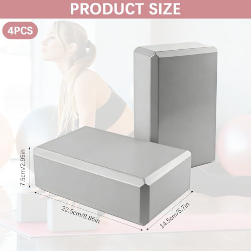 4 Pack Yoga Blocks - Premium EVA Foam Blocks for Pilates Workout, Stretching, Meditation - Yoga Brick for Flexibility, Balance, Spine Strength, Non-slip and Lightweight Exercise Blocks (Gray)