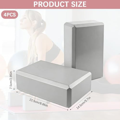 4 Pack Yoga Blocks - Premium EVA Foam Blocks for Pilates Workout, Stretching, Meditation - Yoga Brick for Flexibility, Balance, Spine Strength, Non-slip and Lightweight Exercise Blocks (Gray)