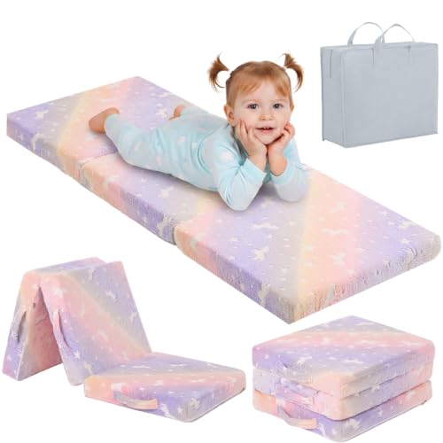 Tiita Foldable Floor Mattress for Kids-Glow in The Dark Toddler Nap Mat with Storage Bag, Portable Toddler Floor Pad for Travel, Daycare, Camping, RV, Playroom, Twill Pegasus - color: Twill Pegasus, size: 57"L x 22"W x 3"Th