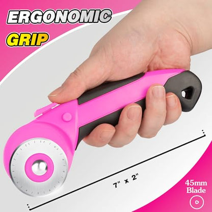 DIYSELF 45mm Fabric Cutter, Rotary Cutter for Fabric with 5 Extra Blades | Ergonomic Handle, Rolling Cutter for Fabric and Leather, Wheel Cutter Sewing Tool for Quilting, Crafts and Ambidextrous Use - color: Pink