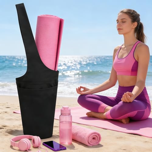 Yoga Mat Bag for Women, Long Tote Yoga Mat Carrier Holder Bag with Large Size Pocket & Zipper Pocket, Large Storage Pockets Fits Yoga & Most Size Pilates Mats for Workout Stuff, Black