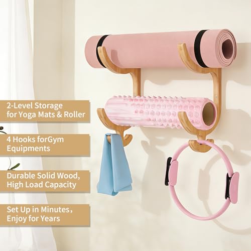 Wooden Yoga Mat Holder Wall Mount, Double Layer Yoga Mat Storage Rack with 4 Hooks, Home Gym Accessories for Yoga Mat Foam Roller Resistance Bands, Sturdy Wall Organizer for Home Gym School Office