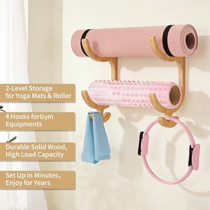 Wooden Yoga Mat Holder Wall Mount, Double Layer Yoga Mat Storage Rack with 4 Hooks, Home Gym Accessories for Yoga Mat Foam Roller Resistance Bands, Sturdy Wall Organizer for Home Gym School Office