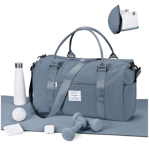 Gym Bag for Women Men with Shoes Compartment,Sports Duffle Bag Personal item travel Duffel Bags Tote Bag Small Carry on Weekender Overnight Bag Workout Dance Bag Hospital Holdalls Grey Blue - color: A6-Grey Blue