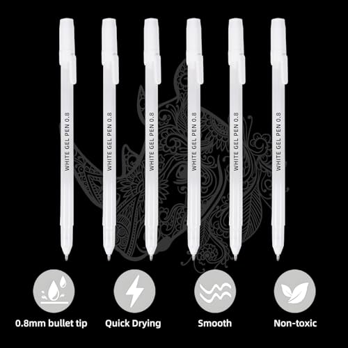 12 Pack White Gel Pens, 0.8mm Extra Fine Point, Premium White Ink Gel Pen, For Black Paper, Art, Drawing, Journaling
