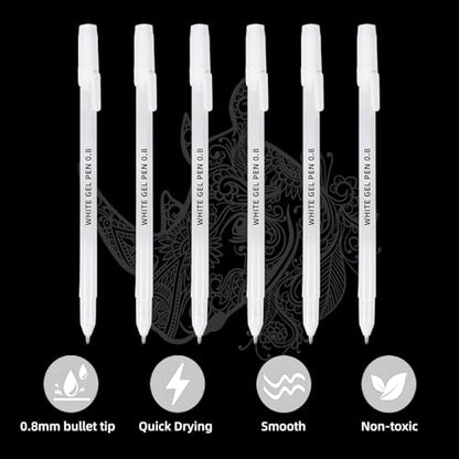 12 Pack White Gel Pens, 0.8mm Extra Fine Point, Premium White Ink Gel Pen, For Black Paper, Art, Drawing, Journaling