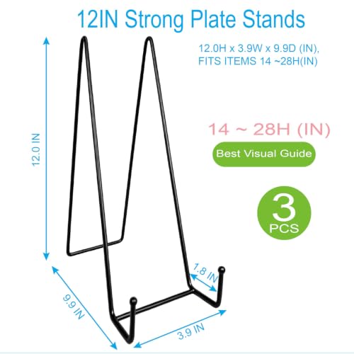 3PCS Iron Plate Stands for Display 12 Inch, Large Metal Heavy Duty Display | Solid Black Iron Table Top Easel Holder, Perfect for Picture, Decorative Platter, Book, Plaque, Photo - size: 3PCS 12IN
