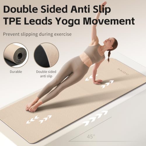 PAIDU Yoga Mat 8mm TPE Non‑Slip Fitness Mat with Strap for Home Workouts - color: 베이지&블랙