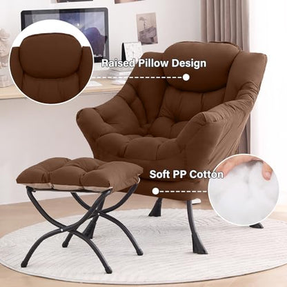 Tiita Lazy Chair with Ottoman, Comfy Reading Accent Chair, Brown | Foldable Footrest, Padded Seat and Backrest, Side Pocket for Lounging in Living Rooms, Bedrooms, Dorms and Small Spaces - color: Peach Skin Brown