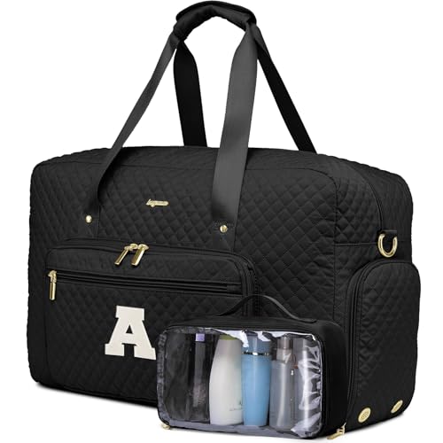 Initial Travel Duffle Bags for Women - Personalized Weekender Bag with Shoe Compartment Overnight Bags with Toiletry Bag Hospital Bag for Women Birthday Gifts for Mom Wife Friends Black (Letter A) - color: Black - Letter A, size: Large