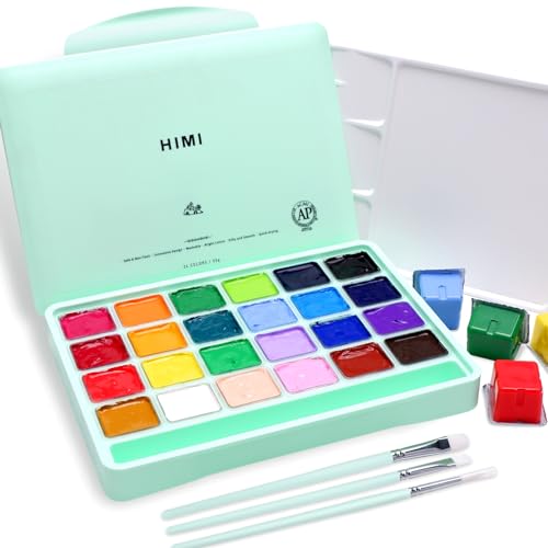 HIMI Gouache Paint Set, 24 Colors x 30ml Unique Jelly Cup Design with 3 Paint Brushes and a Palette in a Carrying Case, Non-Toxic Gouache Paint Perfect for Artists, Students(Green) - color: Green