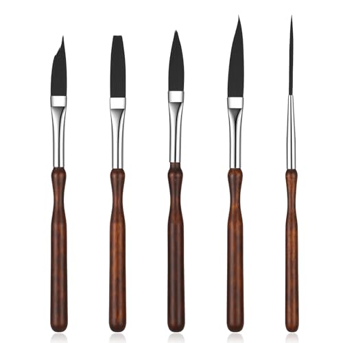 5 Pcs Starter Pinstriping Brush, High Performance Striping Brushes Set with Sword Liner Flat Head for Detail Art Painting Birch Wood Handle Nylon Bristles - color: Brown