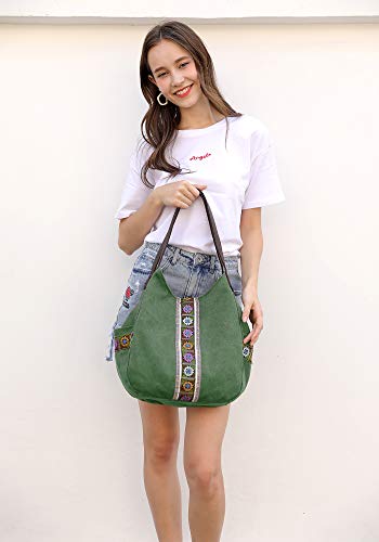 Worldlyda Women Canvas Hobo Purse Multi Pocket Tote Shopper Shoulder Bag Casual Top Handle handbag with Embroidery Ethnic - color: Army Green 1