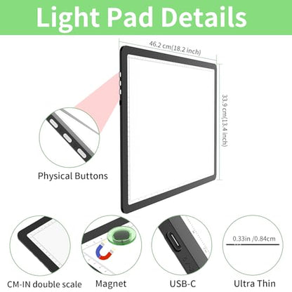 KOBAIBAN Rechargeable A3 Light Board for Diamond Painting, 4000mAh Diamond Art Light Pad with Physical Buttons, 6-Level/Stepless Dimming, Magnetic Light Board for Tracing, Drawing & Weeding Vinyl - size: A3