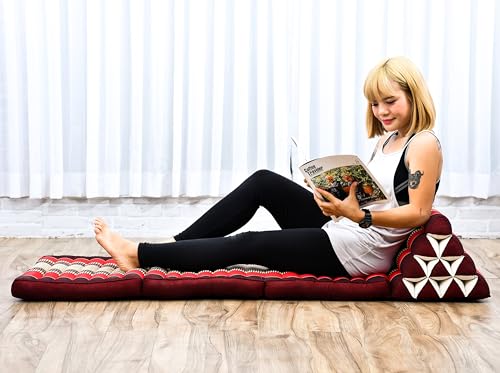 Leewadee - Comfortable Japanese Floor Mattress - Thai Floor Bed with Triangle Cushion - Futon Mattress - Thai Massage Mat, 67 x 21 inches, Red, Kapok Filling | Floor & lounge cushion for relaxing, reading & TV - for meditation & yoga, firm & stable - colo