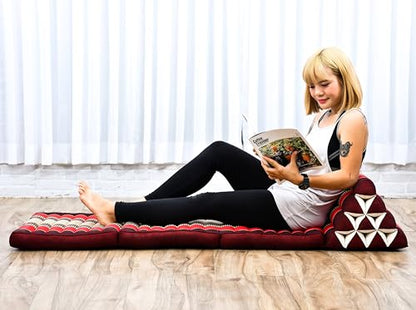 Leewadee - Comfortable Japanese Floor Mattress - Thai Floor Bed with Triangle Cushion - Futon Mattress - Thai Massage Mat, 67 x 21 inches, Red, Kapok Filling | Floor & lounge cushion for relaxing, reading & TV - for meditation & yoga, firm & stable - colo