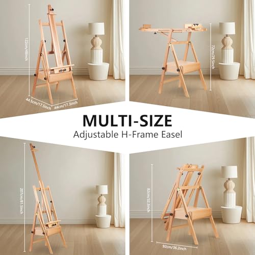 YOKUGO Beech Wood H-Frame Painting Easel with Storage Drawer, Natural | Heavy-duty Studio Easel, Adjustable Height & Angle Floor Easel Stand, Holds 30"-50" Canvas, Foldable Artist Easel for Adults - color: Natural