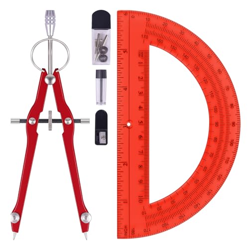 Unjoo Compass and Protractor Set, Math Compass for Geometry (Red) | Professional Drawing Compass Tool, Metal Compass with Extra Refills, 6 Inch Math Protractors 180 Degree, For School, Office - color: Red